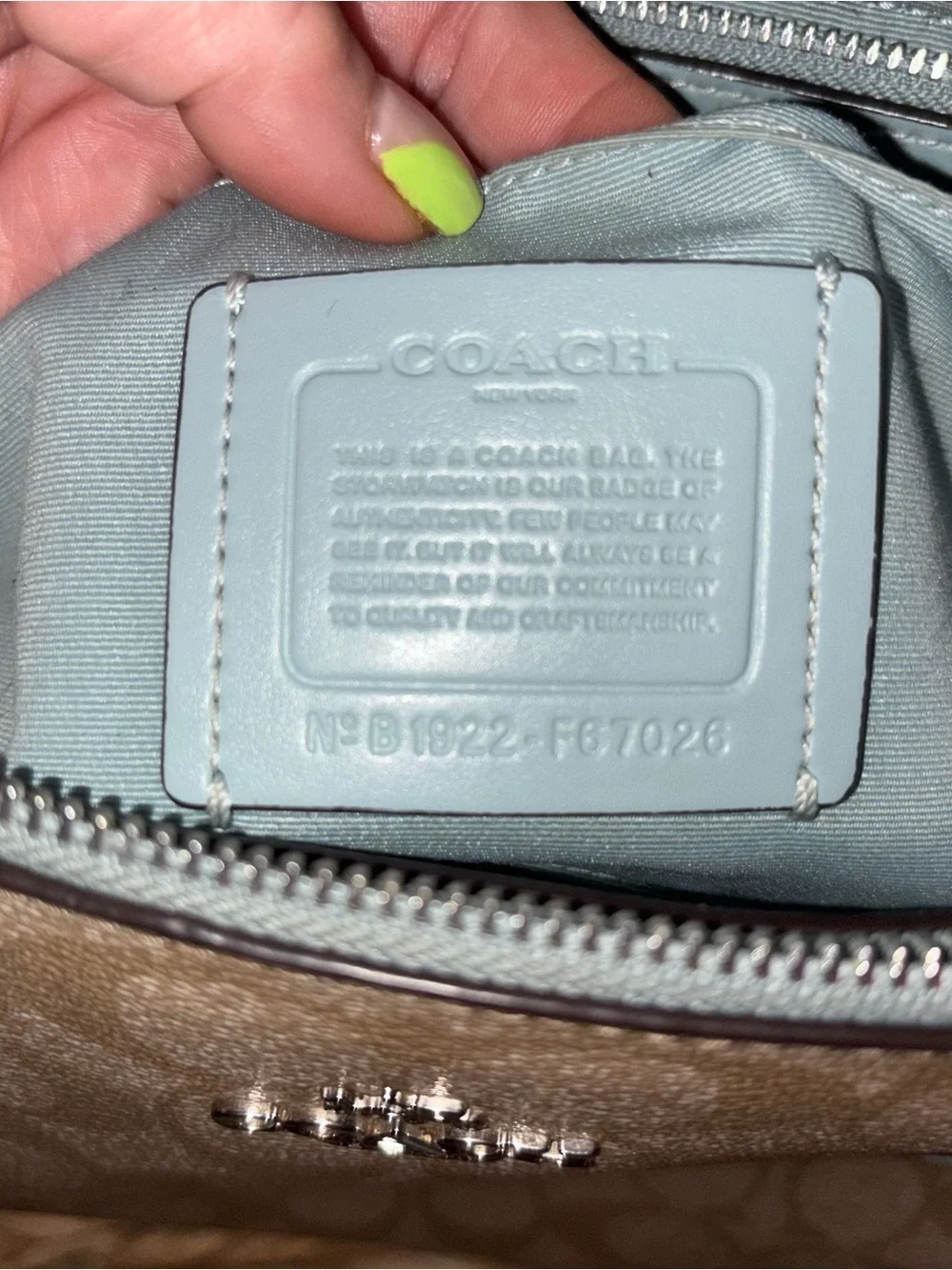 Coach Beige Signature Satchel with Light Blue Trim